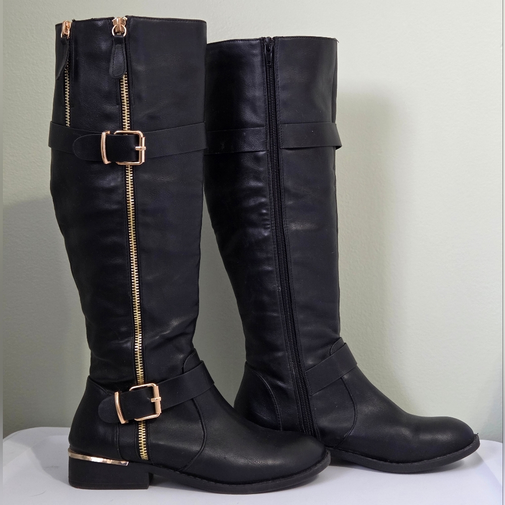 ​RARE Steve Madden Black+ Metallic Gold 💛 Tall Moto Boots Sz 37/6.5 Vegan Moto